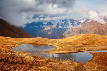 A look at the main Caucasus ridge and Koruldi lake. Location Upper Svaneti, Georgia country.