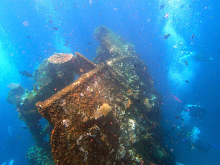 Plakat shipwreck USS Liberty with many diver bubbles - Bali Indonesia Asia