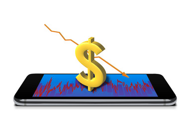 Finance on mobile phone with US Dollar and yellow arrow down