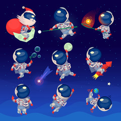 Set of cute astronauts in space, working playing games and having fun. Astronauts in space suits with no gravity. 
