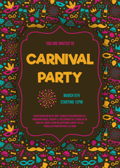 Carnaval Party invitation card with funny decorations. Vector.