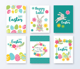 Fototapeta na wymiar Set of 6 Happy Easter greeting cards. Easter bunny, eggs and flowers. Vector illustration 