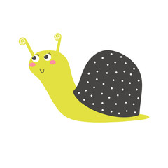 Little green snail in vector. Hand drawn cute character design.