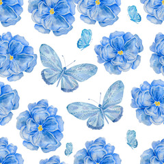 Blue watercolor two butterflies and flowers in pastel colors. Romantic summer background. Watercolor floral design for cosmetics, perfume, beauty care products. For greeting card, wedding invitation