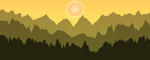 Vector design summer background with landscape at twilight. mountains, forest.