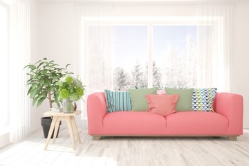 White stylish minimalist room with coral sofa. Scandinavian interior design. 3D illustration