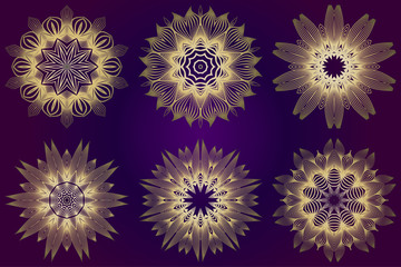 Set of Ethnic Ornamental Mandala. Decorative Design Element. Vector Illustration. Purple gold color