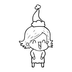 line drawing of a laughing woman wearing santa hat