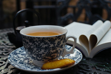Relaxing cup of tea and a book. World book day background