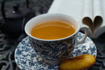 Relaxing cup of tea and a book. World book day background