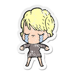 distressed sticker of a cartoon woman crying