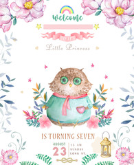 Watercolor cute Cartoon Owl. Cute baby greeting card. Boho flowers and floral bouquets Happy Birthday set. Watercolor greeting baby clip art on white background.
