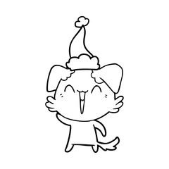 waving little dog line drawing of a wearing santa hat
