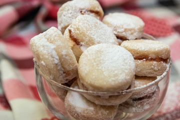 Vanilice, traditional Serbian small sandwich cookies in glass bowl. 
