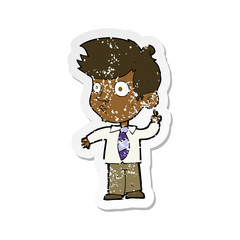 retro distressed sticker of a cartoon boy asking question