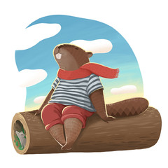 Illustration of the beaver like human in brown trousers, t-shirt and red scarf sitting and smiling © Kateryna