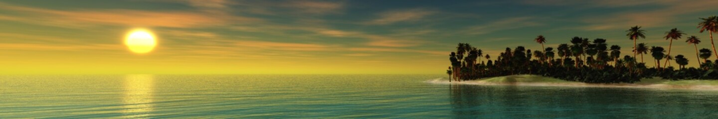 sea landscape panorama, sea sunset over a tropical island, palm trees on the shore during sunset, the sun above the sea in the tropics,