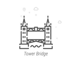 Tower Bridge, London Vector Line Icon, Symbol, Pictogram, Sign. Light Abstract Geometric Background. Editable Stroke