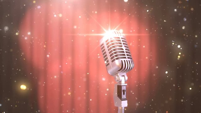 Karaoke Background with the Red Curtain, Spotlights and Retro Microphone, Beautiful Seamless Looped 3d Animation. 4K