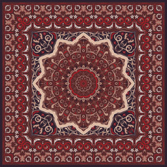 Ancient Arabic pattern. Red Persian carpet with rich ornament for fabric design, handmade, interior decoration, textile. - 251893267