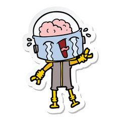 sticker of a cartoon crying robot waving