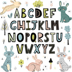 Naklejki  Alphabet with cute rabbits. Hand drawn letters from A to Z. Vector illustration