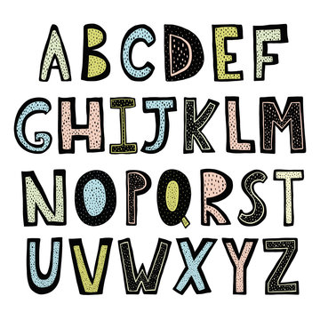 Funny hand drawn alphabet. Poster with hand drawn letters in scandinavian style. Vector illustration