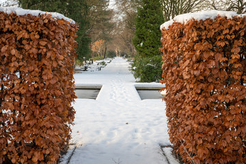 gravestones covered with snow at wintertime, municipal cemetery in Amsterdam, The Netherlands