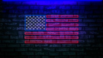  USA flag neon sign. Night bright Signboard USA flag. American flag on an old brick wall, neon light. National Day USA. Festive background with American neon flag. Dark room, corridor, tunnel neon 