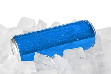 Blank metal blue can on ice cubes against white background. Mock up for design