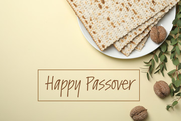 Flat lay composition with matzo on color background. Happy Passover (Pesach)