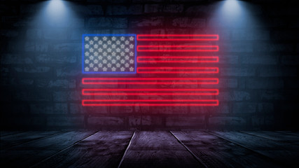  USA flag neon sign. Night bright Signboard USA flag. American flag on an old brick wall, neon...