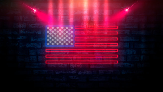  USA flag neon sign. Night bright Signboard USA flag. American flag on an old brick wall, neon light. National Day USA. Festive background with American neon flag. Dark room, corridor, tunnel neon 