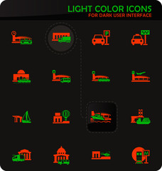 Stations of public transport icons set