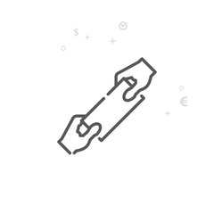 Two Hands Pulling on Ends of Money Bill Vector Line Icon, Symbol, Sign. Abstract Geometric Background. Editable Stroke