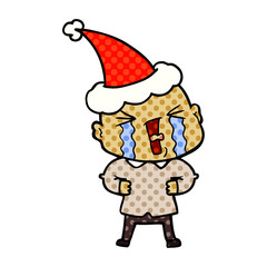 comic book style illustration of a crying bald man wearing santa hat