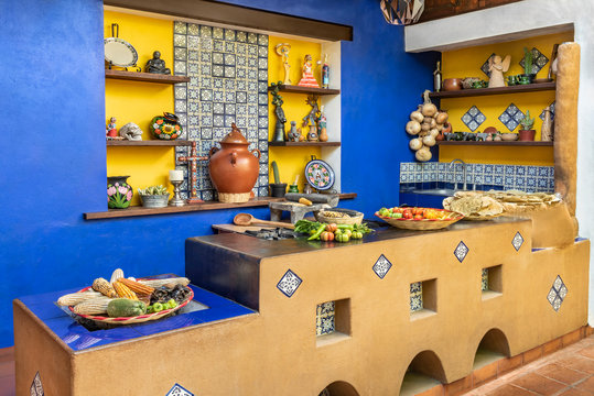 Mexican decorated kitchen. Old fashioned traditional kitchen workplace in Mexico