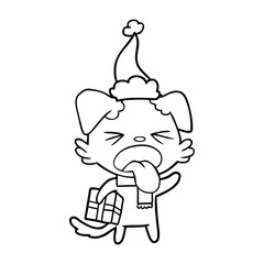 line drawing of a disgusted dog with christmas gift wearing santa hat