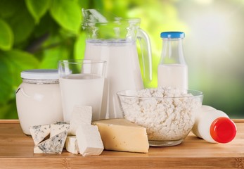 Glass of milk  and Dairy products on  background