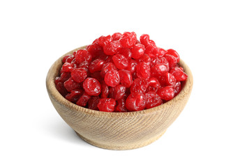 Bowl with tasty cherries on white background. Dried fruits as healthy food