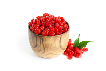 Bowl with tasty cherries on white background. Dried fruits as healthy food