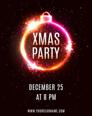 Xmas Party poster design template. Decorative Christmas decoration shape electric frame. Holiday technology background with luminous circles for flyer banner invitation. Bright vector illustration.