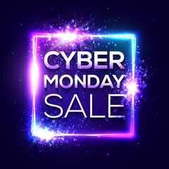 Cyber Monday sale banner. Fashionable neon style, luminous technology signboard. Nightly advertising online shopping concept. Advertisement of sales rebates of Cyber Monday. Bright vector illustration