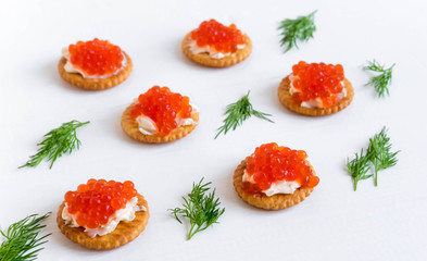 Basis for a banner with sandwiches with red caviar. Salmon caviar for print design, web site, banner, flyer. Appetizer with red caviar