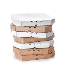 Stack of cardboard pizza boxes on white background