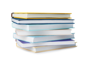 Stack of hardcover books on white background