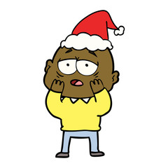 line drawing of a tired bald man wearing santa hat