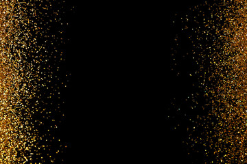 Frame made of gold glitter on black background, top view with space for text