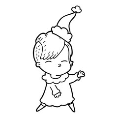 line drawing of a squinting girl wearing santa hat