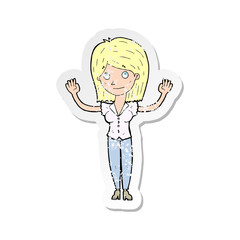 retro distressed sticker of a cartoon woman holding up hands